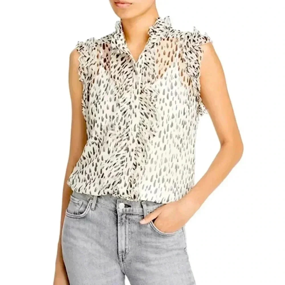 7 For All Mankind 100% Silk Ruffle Printed Sleeveless Top